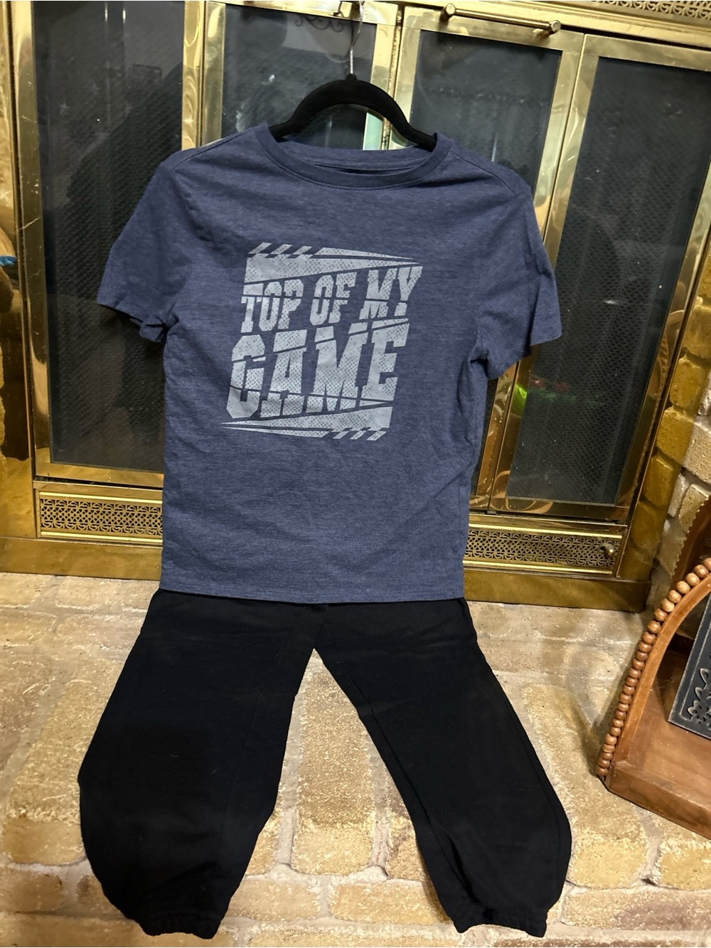 Kids' Navy Blue Graphic Tee - 'Top of My Game' and Black Jogging Pants. Size 10.